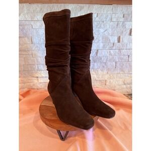 Talbots Suede Drk Brown Leather Slouched Heel Mid Calf Fashion Boots Size 6.5M